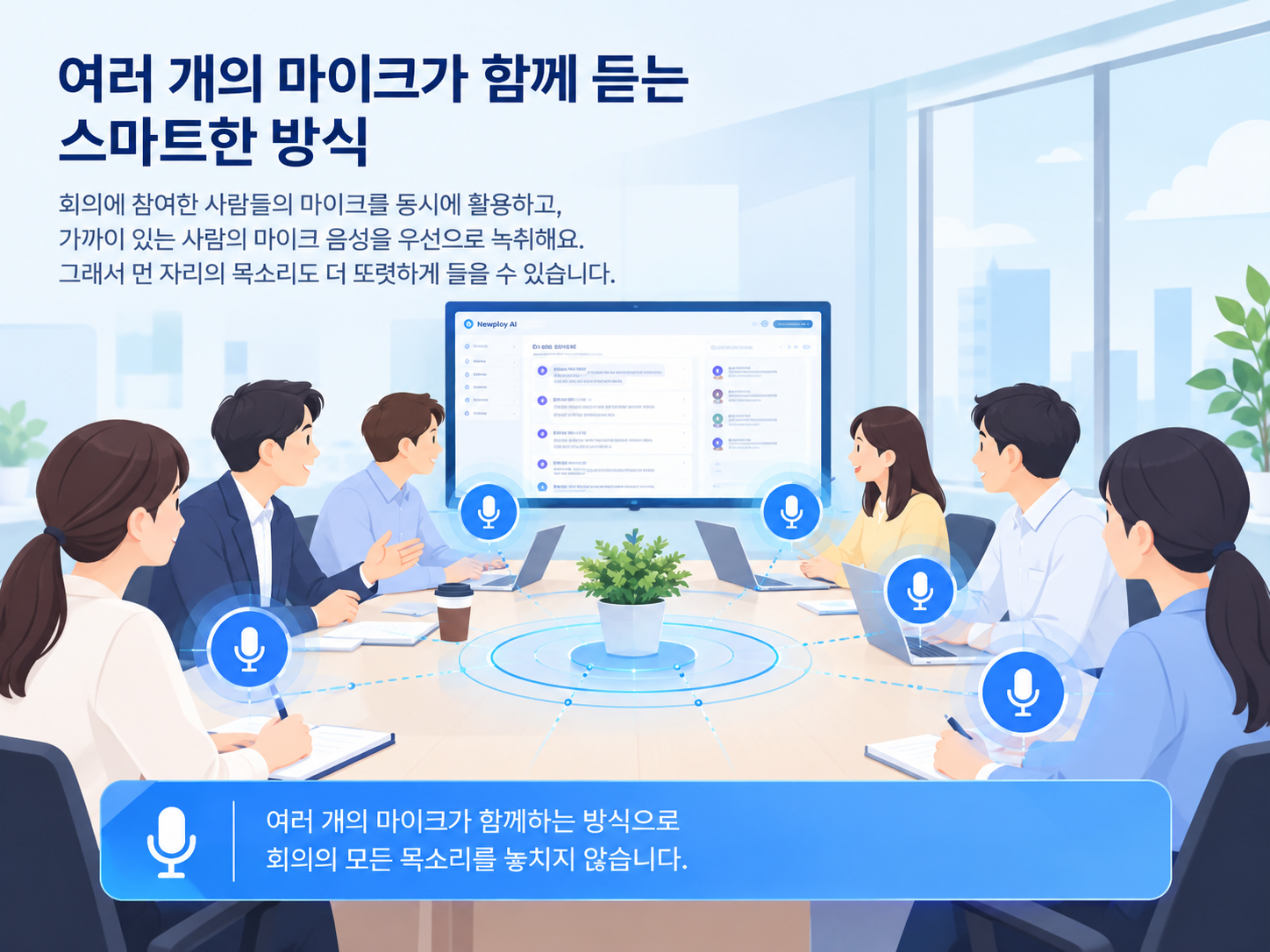 여러개의 노트북 마이크 기능으로 회의 진행 장면 여러개의 노트북 마이크 기능으로 회의 진행 장면